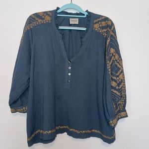 Wrap London Blue Boho Peasant Top US 16 UK 20 Crinkle Cotton Linen Embroidered